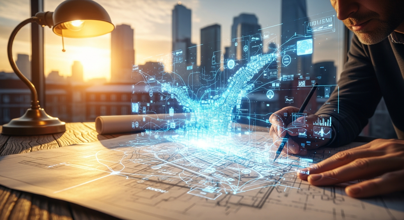 A leader's vision for automation in urban infrastructure, showing a blueprint transforming into a holographic smart city. A symbol of progress.